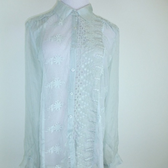 JOHNNY WAS 4 LOVE & LIBERTY blue button up Shirt Rozlynn embroidered lace S NWT - Picture 2 of 6